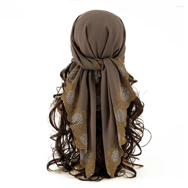 Ropa étnica 90x90 cm Bufanda cuadrada de oro Gasa Brillo Hijabs para mujer Bandana Headwear Rhinestone Banda para el cabello Bufandas Cuello Wrap Head