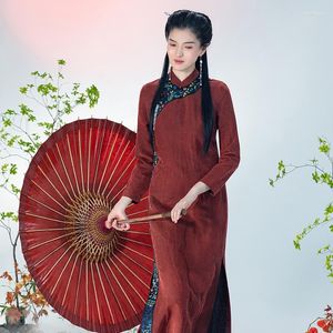 Vêtements ethniques Une vie sur la gauche Femmes Gambiered Guangdong Gaze Améliorée Cheongsam Manches Longues Broderie Robe De Soie Traditionnelle Chinoise