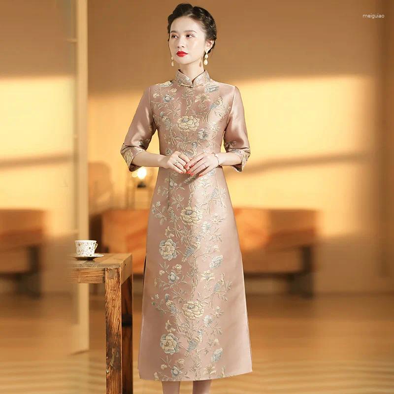 Etnische kleding A-lijn Cheongsams Verbeterde Chinese stijl Jurken Jacquard Bloem Qipao Dames Jaarfeest Banketjurk Elegante vestidos