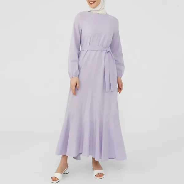 Vêtements ethniques Abaya Dubai Robes de queue de poisson violet élégantes pour femmes à manches longues lâches musulmanes maxi maxi femelle de soleil O-cou Robe 2024