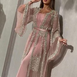 Etnische kleding Abaya Dubai Moslimjurk Luxe hoogwaardige pailletten Borduren Kant Ramadan Kaftan Islam Kimono Dames Zwart Maxi 20276a