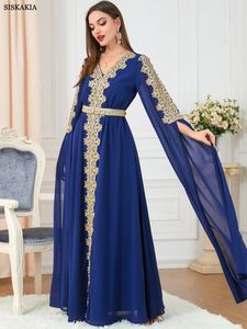 Vêtements ethniques Abaya Dubaï Robe Musulmane De Luxe Haut De Gamme Broderie Florale Guipure Dentelle Panneau Ceinture En Mousseline De Soie À Manches Longues Turquie Robe 230324