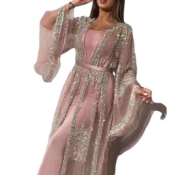 Ropa étnica Abaya Dubai vestido musulmán de lujo de clase alta lentejuelas bordado encaje Ramadán Kaftan Islam Kimono mujeres negro Maxi 20180B