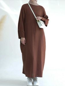 Vêtements ethniques Abaya Dubai Turquie musulman 100% froissé Coton Line Long Robe Slves complète Femmes Islamiques Vêtements Hijabi Kaftan Ramadan Prière T240510