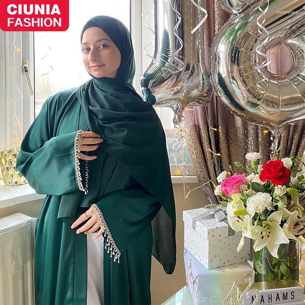 Ropa étnica Abaya para mujeres Dubai 2023 Islam Kimono Satén Mangas de cuentas Turquía Modestia Robe Precioso estilo de fiesta musulmán