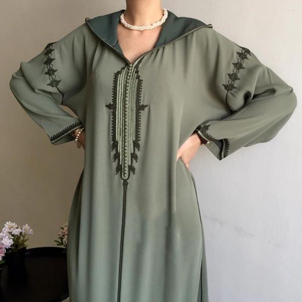 Ropa étnica Abaya para mujeres Dubai Medio Oriente Árabe con capucha Jellaba Ramadán Eid Túnica suelta Verde Mangas largas con cuello en V