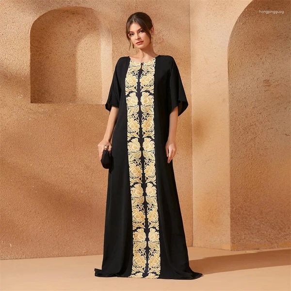 Vêtements ethniques Abaya pour femmes Ramadan Arabe Turquie Longue Robe Gold Print Noir Manches Moyennes O-Cou Dubaï Gurban Morroccan Caftan