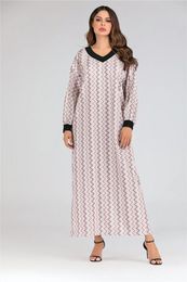 Ropa étnica Abaya para mujeres Ramadán Gurban Vestido de mujer musulmán suelto Vestido árabe Impresión con cuello en V Fit Dubai Turquía Marroquí