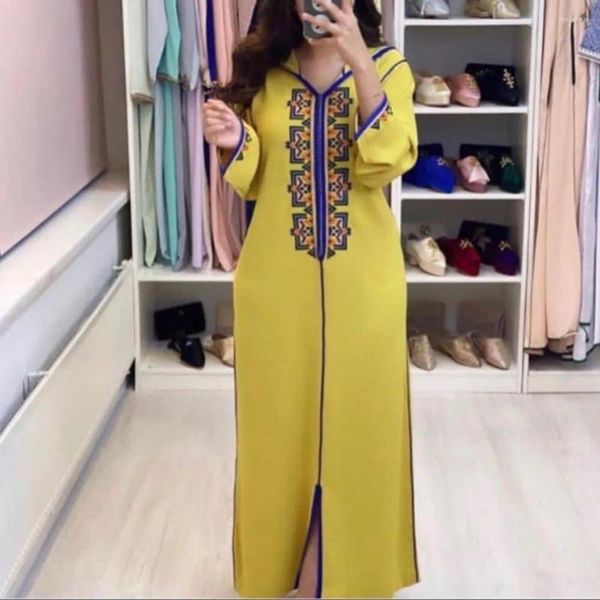 Vêtements ethniques Abaya pour femmes Ramadan islamique col en V Jellaba Robe manches longues jaune robe ample mode arabe Dubaï