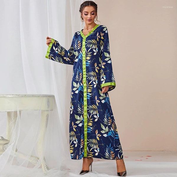 Vêtements ethniques Abaya Pour Femmes Col En V À Manches Longues Bord Vert Feuille Imprimer Robe Lâche Dubai Turc Casual Caftan Caftan Mode Femme