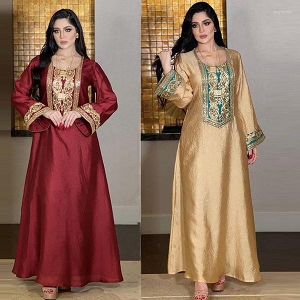 Vêtements ethniques Abaya Gold Soie Brodée Paillettes Robe musulmane du Moyen-Orient Robes Musulmanes Couleur Rosa Hijab