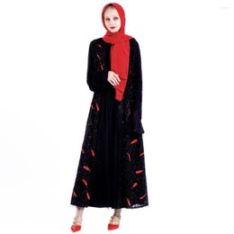 Vêtements ethniques Abaya Fashion islamique Ramadan Feather Broidery Broidery Women Cardigan Robe Muslim Arab Dubai High Taie Jupe