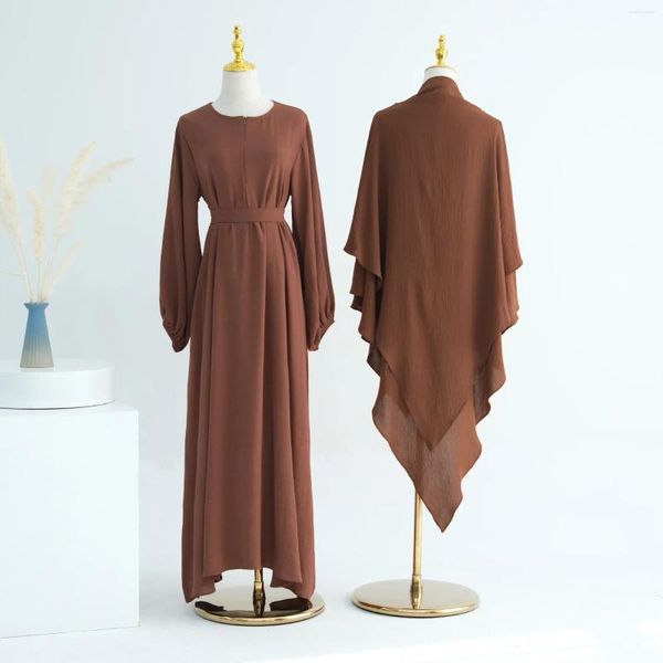 Ropa étnica Abaya Khimar Set 2 piezas Ropa de oración Ropa Mujeres Hijab largo Bufanda Smocked Cuff Vestido Dubai Islam Trajes musulmanes Ramadán