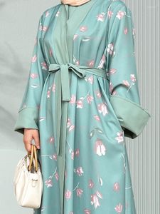 Vêtements ethniques Abaya Robes musulmanes Femmes Lace Up Cardigan Robes à manches longues Automne Floral Print Sweet Islam Longue Robe Caftan 2023