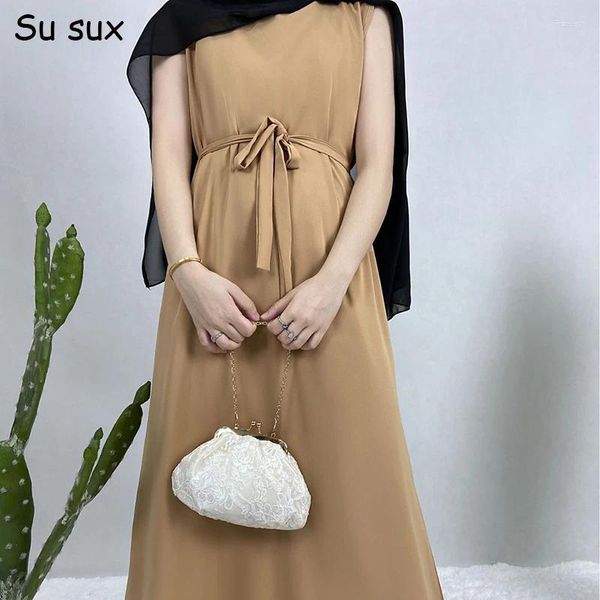 Vêtements ethniques Abaya Muslim Dubaï Femmes Solide O Cou Sans manches Lace Up Up Maxi Dress Kaftan Robe Femme Musulmane sous-couche Top 2024