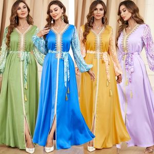 Etnische Kleding Abaya Mousseline Vrouwen Jurk V-hals Kaftan Eid Mubarak Dubai Turkije Moslim Marokkaanse Caftan Mode Avond