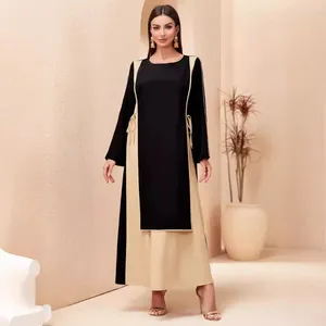 Vêtements ethniques Abaya Ramadan Dubai Color Block Robe caftan à manches longues élégante taille nouée longueur cheville a-ligne femme