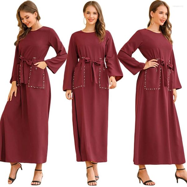 Vêtements ethniques Abaya Femmes Musulman Longue Robe Strass Poches Avec Ceinture Robe Arabe Fête Ramadan Islamique Maxi Robe Dubaï Malaisie