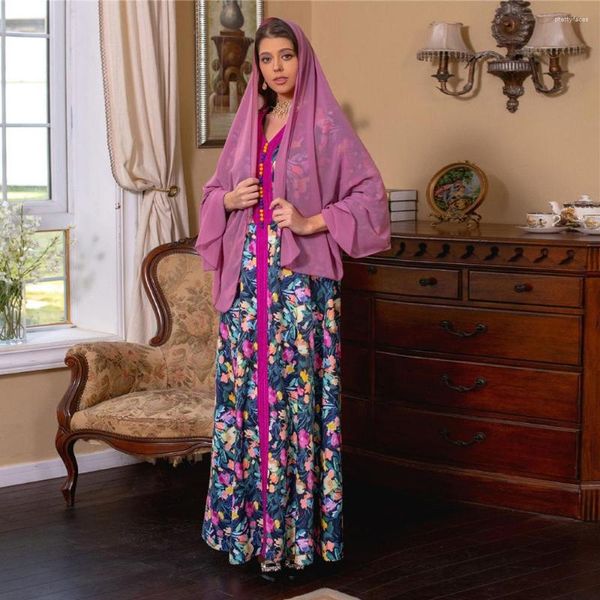 Ropa étnica Abayas para mujeres musulmanas Eid Ramadán Estampado floral Hijab Maxi Vestido Turquía Dubai Kaftan Fiesta Marruecos Jalabiya Caftan Robe