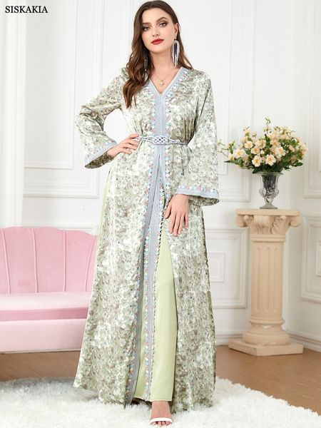 Vêtements Ethniques Abayas Pour Femmes Ensembles Musulmans Floral Broderie Guipure Dentelle Panneau Ceinturé Kaftan Ourlet Fendu Deux Pièces Robe Dubaï Turquie Arabe 230426