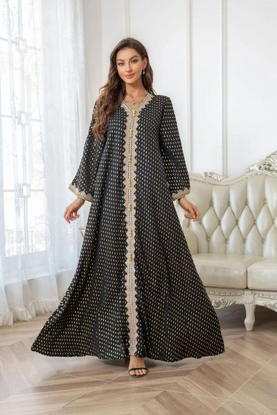 Ropa étnica Abayas para mujer Dubai Elegante impresión Mangas largas Vestido de fiesta de noche árabe Robe Apliques Abotonado Jalabiya Musulmán