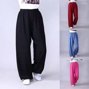 Vêtements ethniques adulte unisexe Wushu Tai Chi pantalon lin grande taille élastique Art Martial femme Yoga pantalon matin.