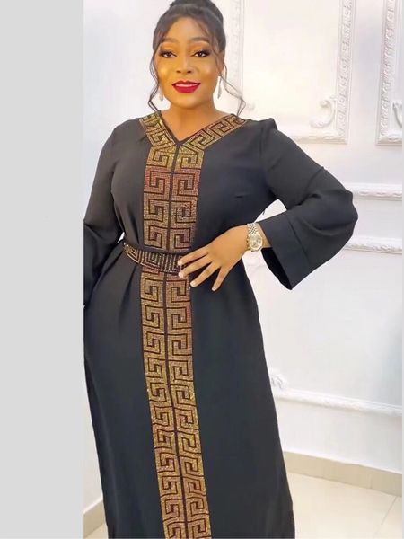 Ropa étnica Otoño africano Abaya para mujeres Dubai Vestido islámico Diamantes negros Manga larga Vestido de noche musulmán árabe Ropa de fiesta 230325