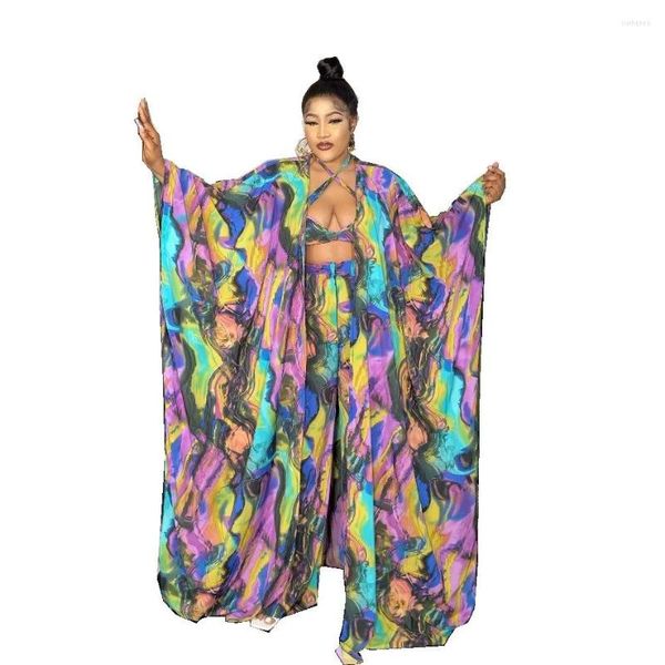 Vêtements ethniques Vêtements africains Casual Party Hauts longs Pantalons à jambes larges Costumes Tenues Headtie Bra 4 Pièces Ensemble Imprimer Survêtement Été