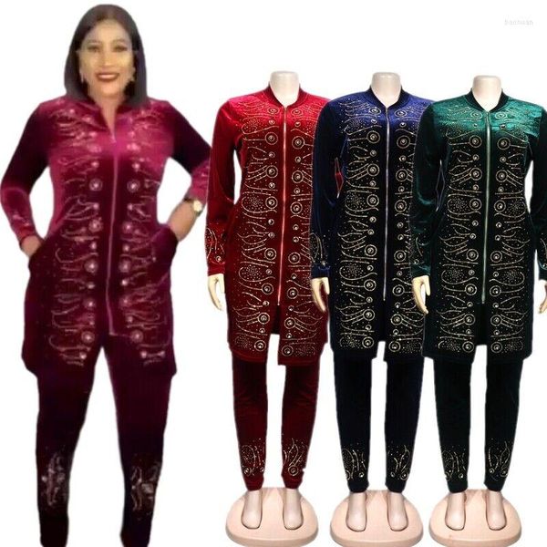 Vêtements ethniques Vêtements africains Luxe Femmes Diamants Velours Blouse Tops Pantalons Longs Cocktail Tenues L-2XL