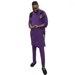 Vêtements ethniques Vêtements africains Ensembles pour hommes violets Patchwork Tops avec panty jaune pyl