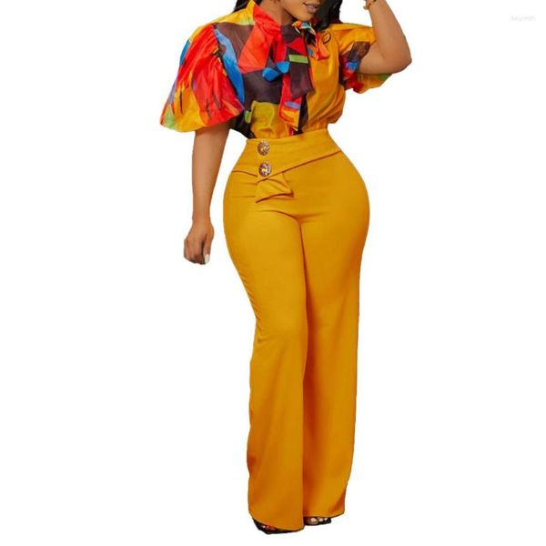Vêtements ethniques Vêtements africains Femmes 2 pièces Ensemble manches bouffantes Hauts et pantalons Costumes d'été Imprimer Élégant Bureau Lady Tenues