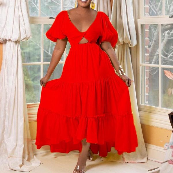Vêtements Ethniques Vêtements Africains Femmes Vert Jaune Rouge Robes Pour L'été Col En V À Manches Courtes Polyester Robe Longue