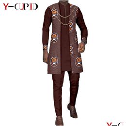 Vêtements ethniques couple africain Vêtements assortis pour mariage bazin riche femme imprimé top et jupes en dentelle dashiki hommes 3 pièces y22 dhoxg