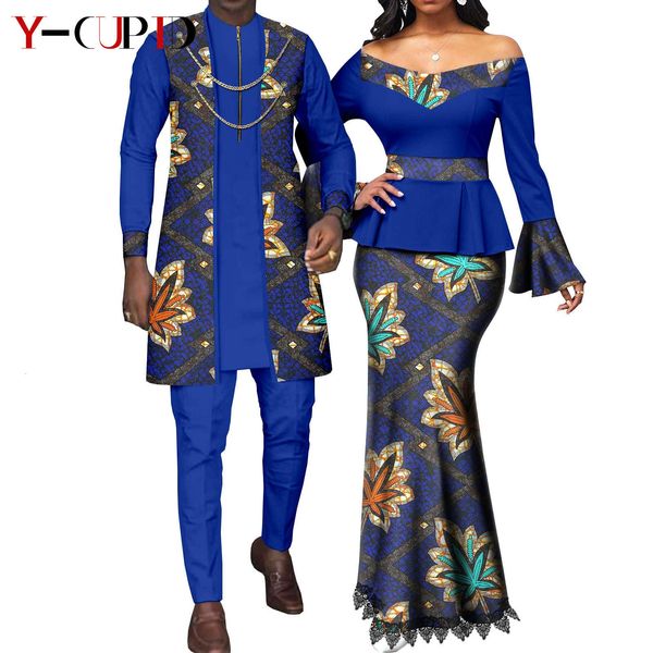 Vêtements Ethniques Couple Africain Vêtements Assortis pour Mariage Bazin Riche Femmes Imprimer Top et Dentelle Jupes Ensembles Dashiki Hommes 3 Pièces Ensembles Y22C088 230615