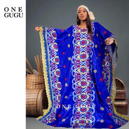 Etnische kleding Afrikaanse dashiki -outfits Ryal Blue Bazin Riche Long -jurk met stenen borduurwerkveters Nigeriaans trouwfeestbekken Jurken 230510