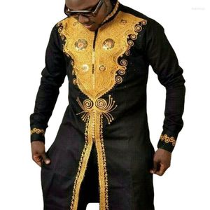Etnische kleding Afrikaans Dashiki Print Shirt Long Tuniek Mouwen Heren Traditionele knop Split Gold Tops Metallic Kaftan Wedding Pak