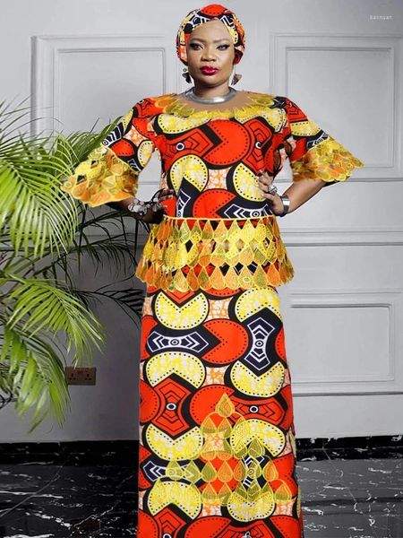 Ropa étnica African Dashiki Imprimir Vestido de cera Tallas grandes Mujeres 3XL 4XL Tops Falda Conjunto de dos piezas Fiesta de bodas Trajes de vestido tradicional