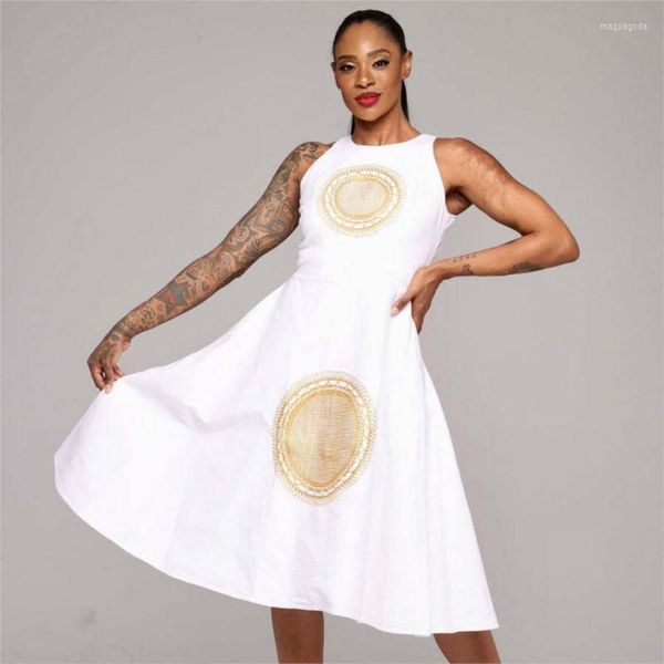 Ropa étnica Vestido africano Vestidos de noche Delgado Sexy Mujer Bordado blanco Sin mangas Cuello redondo Longitud media 2023 Verano S-3XL