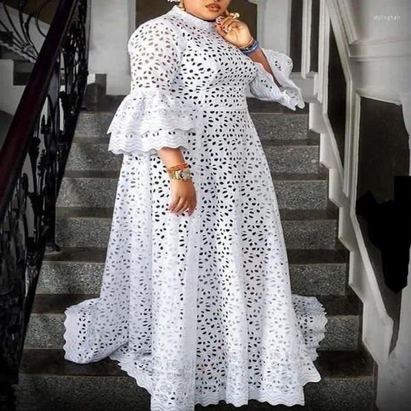 Vêtements ethniques Robes africaines pour femmes dentelle blanche florale évider demi manches élégante mode abaya dashiki robe longue robe maxi
