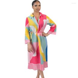 Etnische kleding Afrikaanse jurken voor vrouwen Losvallend casual gewaad Maxi-jurk Elegant Geplooid Gedrukt Zijsplit Lange mouw Knoopvest 2023
