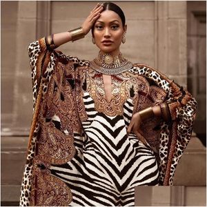 Vêtements ethniques Robes africaines pour femmes Plus Taille Zebra Imprimé Dashiki Élégant Dames Robe Musulman Abaya Kaftan Manches Chauve-Souris V-Cou DH92M