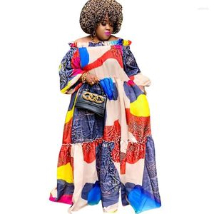 Vêtements ethniques Robes africaines pour femmes One Word Col Lâche Longue Robe Rétro Dashiki Imprimé Robe à manches décontractées 2023 Robes d'été XL
