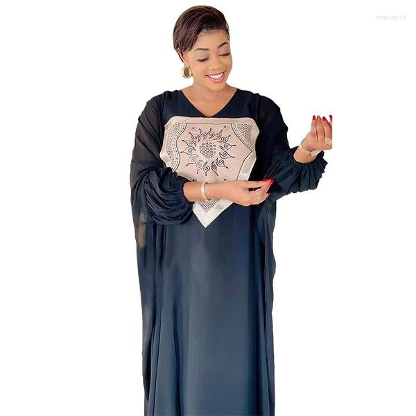 Vêtements ethniques Robes africaines pour femmes Été Élégant Manches longues Col V Noir Polyester Robe Maxi Musulman Mode Abaya