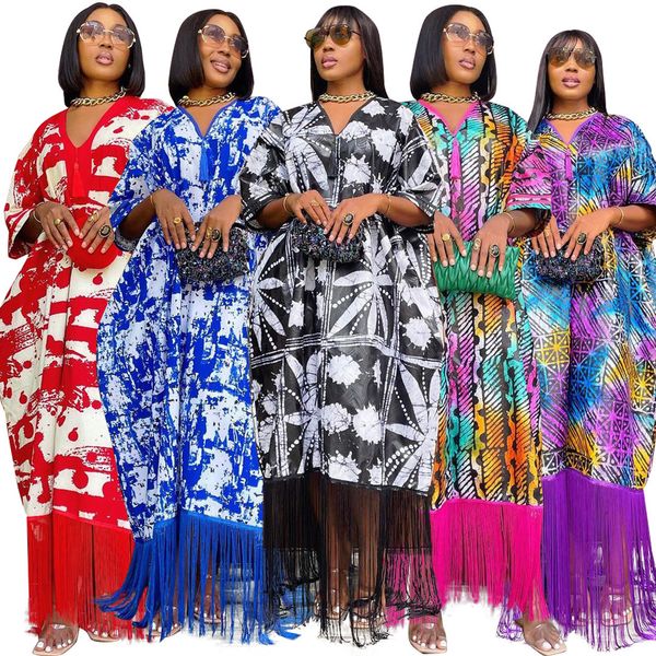 Ropa étnica Vestidos africanos para mujeres Borlas Moda Boubou Dashiki Ankara Trajes Vestido de noche Abayas Impresión Kaftan Robe 230510