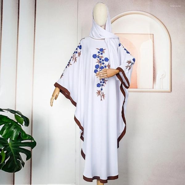 Ropa étnica Vestidos africanos para mujeres Abaya Ramadán Musulmán Blanco Hijab Abayas Flores bordadas Vestido largo Vestido de fiesta de boda África