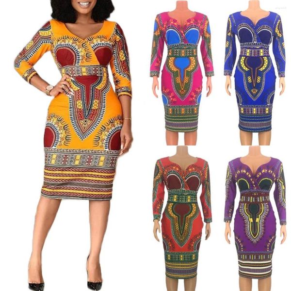 Ropa étnica Vestidos africanos para mujeres Traje de cosplay Moda con cuello en v Dashiki Estampado tribal Ropa para damas Casual Vestido sexy Fiesta de bata