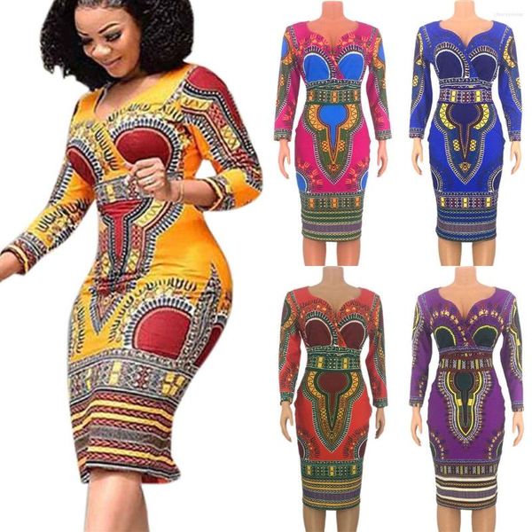 Vêtements ethniques robes africaines pour femmes Dashiki imprimer Tribal mode col en v dames vêtements décontracté Sexy Robe Robe de soirée