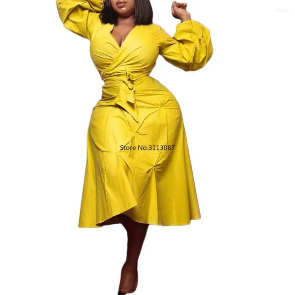 Ropa étnica Vestidos africanos para mujeres 2023 Primavera y otoño con cuello en V Manga larga Amarillo Vestido rojo Ropa