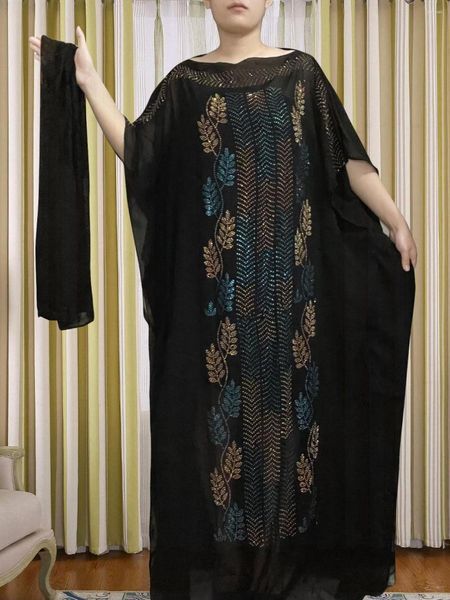 Ropa étnica Vestidos africanos para mujeres 2023 O-cuello Set Auger Black Abaya Muslim Ropa de verano Islam Manga corta Maxi Robe con turbante