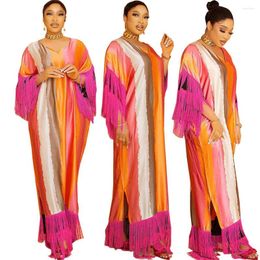 Etnische kleding Afrikaanse mode Satijnen Silk Caftan Maxi -jurken voor vrouwen 2023 Tassel Print Summer Beach Boheemse Kaftans Long Dress Evening